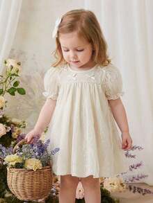 SHEIN Baby Girl Bow Decor Short Puff Sleeve Casual Dress - Apricot - View 8