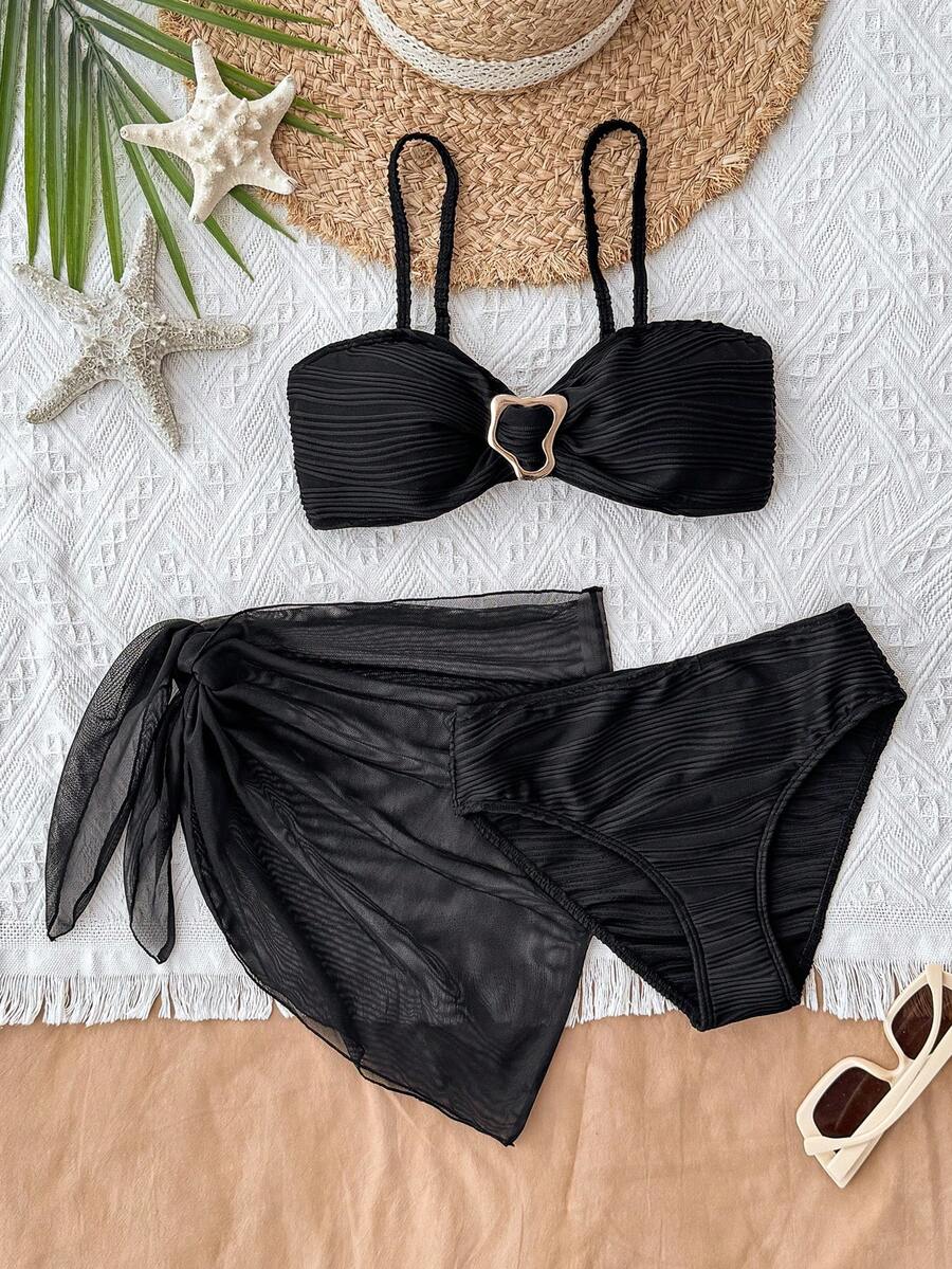 Conjunto de 3 piezas de bikini negro para adolescentes, estilo de moda minimalista adecuado para natación y uso en la playa - Negro - Ver 1