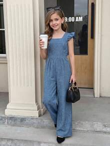 SHEIN Streecool 少女春夏休闲时尚百搭甜美喇叭袖连体裤，方领露背蝴蝶结设计，优雅甜美风格，适合休闲、度假、通勤等场合。 - 彩色 - 查看 3