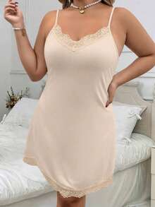 SHEIN Clasi Plus Size Summer Casual Solid Color Lace Patchwork Camisole Dress - Apricot - View 6