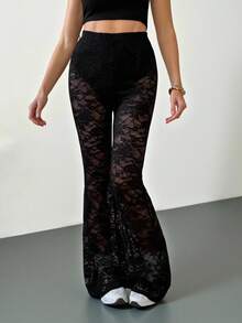 SHEIN Tall Women's Spring Sexy Retro Lace Lined Flared Pants - Black - View 4