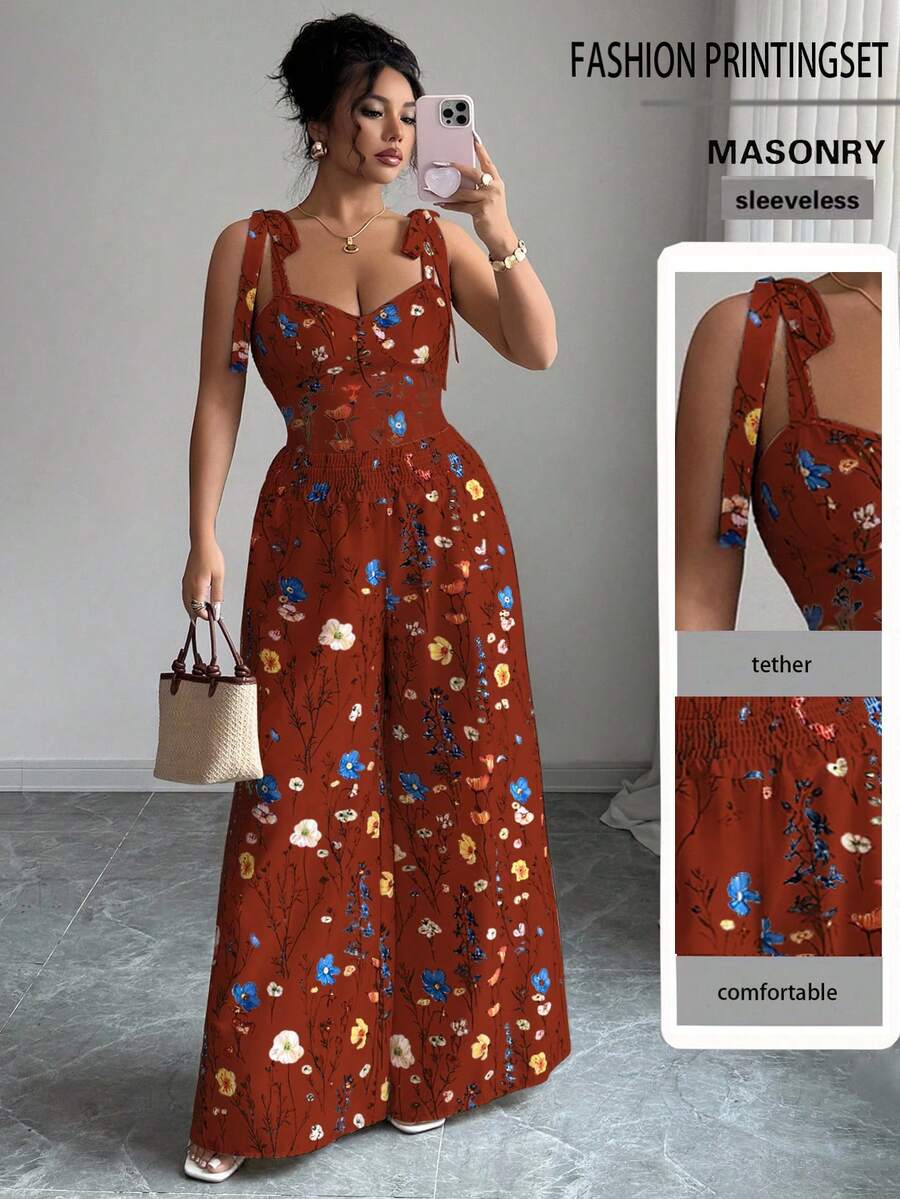 Elenzga Plus Size Women's Spaghetti Strap Backless Design + High Waist Wide Leg Pants 2 Pieces Set - Burgundy - View 1