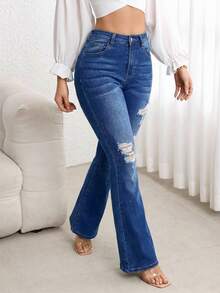 Flexra Women's Casual Distressed Flare Leg Jeans - Blue - View 7