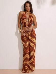 SHEIN BAE Bộ đồ nữ thường ngày gồm áo cổ xếp ly, đính kim loại, hở lưng và quần ống rộng cạp thấp, thích hợp cho kỳ nghỉ biển, kỳ nghỉ cùng bạn bè, kỳ nghỉ phong cách bohemian, bộ đồ hai mảnh có họa tiết, lễ hội âm nhạc. - màu nâu - Xem 5