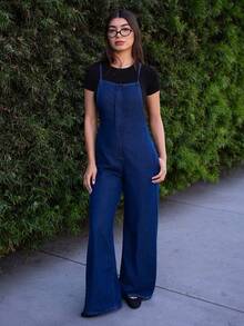 Andrea Bello Women's Casual Washed Wide Leg Denim Jumpsuit - Dark Wash - View 4