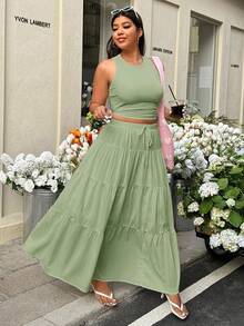 SHEIN EZwear Bộ đồ 2 món màu xanh bạc hà gồm áo tank top cổ tròn và chân váy midi, kiểu dáng thường ngày, cỡ lớn. - Màu xanh Bạc hà - Xem 5
