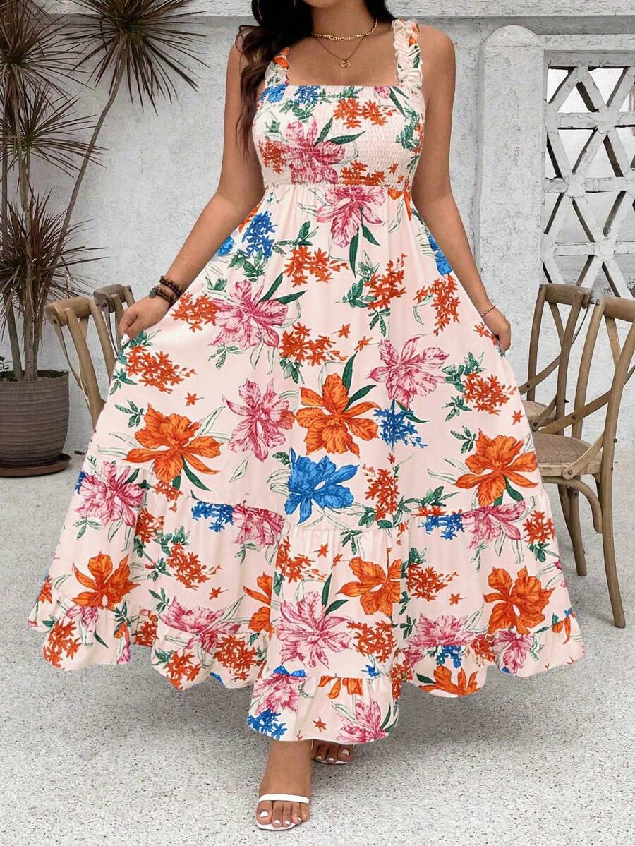 Ceyna 大码女式碎花荷叶边吊带可调节胸围A字连衣裙，女士夏季连衣裙，女士碎花连衣裙，优雅女士春季连衣裙 - 彩色 - 查看 1