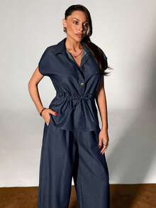 SHEIN 100% Cotton Shirt & Low Waist Balloon Fit Raw Wash Loose Denim Two Pieces Set - Dark Wash - View 7