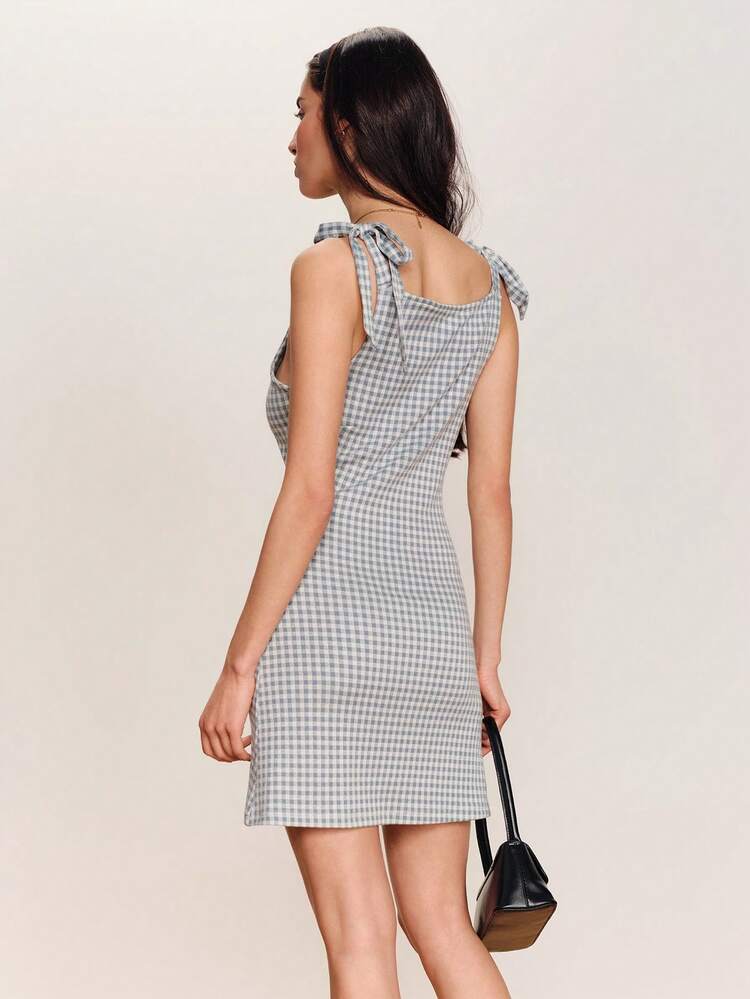 Blue Gingham Mini Dress With Shoulder Ties Spring Summer French Style Parisian Style Going Out Tea Dress Checkered Dress Chic Dress Gingham Dress Bow Shoulder Dress Plaid Dress Summer Dress Casual Dress