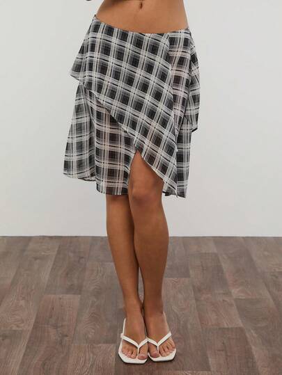 COUREZ 低腰透视格纹叠层不对称下摆中长裙 / Y2K 夏季女装 夏季穿搭 中长裙 外出穿搭 音乐节穿搭 演唱会穿搭 春季女装