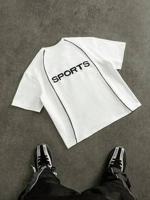 PAVTROS 男士春夏字母刺绣拼接短袖T恤，适合日常休闲穿着 - 白色 - 查看 1