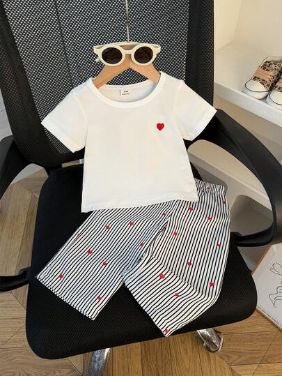 SHEIN 2pcs Infant Girl Summer Fashionable Minimalist Street Style White Short Sleeve T-Shirt With Black Embroidered Decor And Apricot Striped Pants Set, Suitable For Daily School Wear