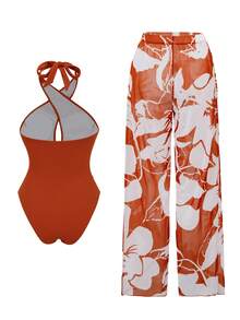 Swim Oasis New Arrival Solid Color Hollow Cross Halter One-Piece Swimsuit With Printed Cover-Up Skirt Beach Set For Women - Orange - View 2