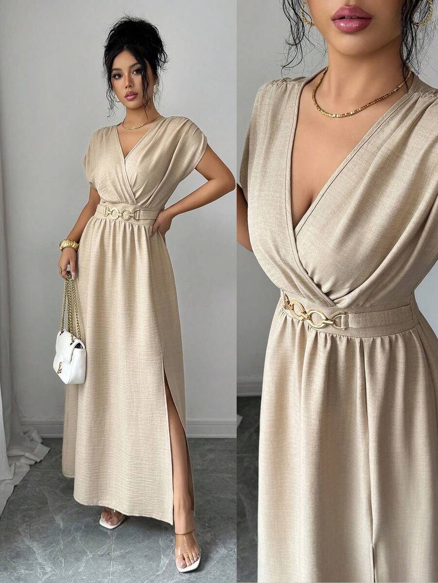 Elenzga Women's Elegant V-Neck Ruched Waist Split Hem Dress - Khaki - View 1