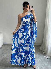 Elenzga 女士优雅蓝色不对称肩带系带修身喇叭连衣裙，春夏款 - 藍色 - 查看 7