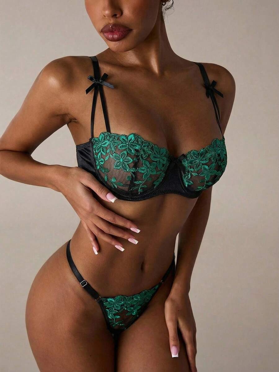 SHEIN BAE 2件套紫色浪漫花卉刺绣性感内衣套装（女士款） - 墨綠色 - 查看 1