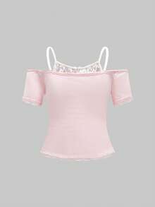 ROMWE Kawaii Áo thun nữ Himekaji 2 trong 1 ren tương phản phong cách dễ thương hình trái tim gấu và nơ ren, trường học - Nhiều màu - Xem 2