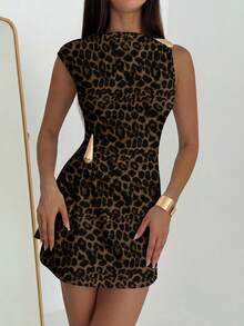 Aloruh Elegant Leopard Print Metal Decor Ruched Umbrella Hem Mini Dress, Suitable For Vacation, Date,Summer Dresses Women - White - View 6