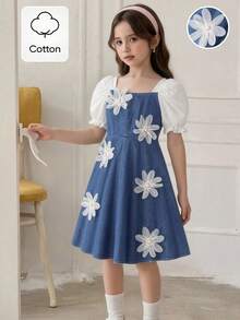 Đầm denim phối nơ mùa hè cho bé gái, tay phồng ngắn, dáng lửng, thích hợp mặc hàng ngày. - Màu xanh lam - Xem 4
