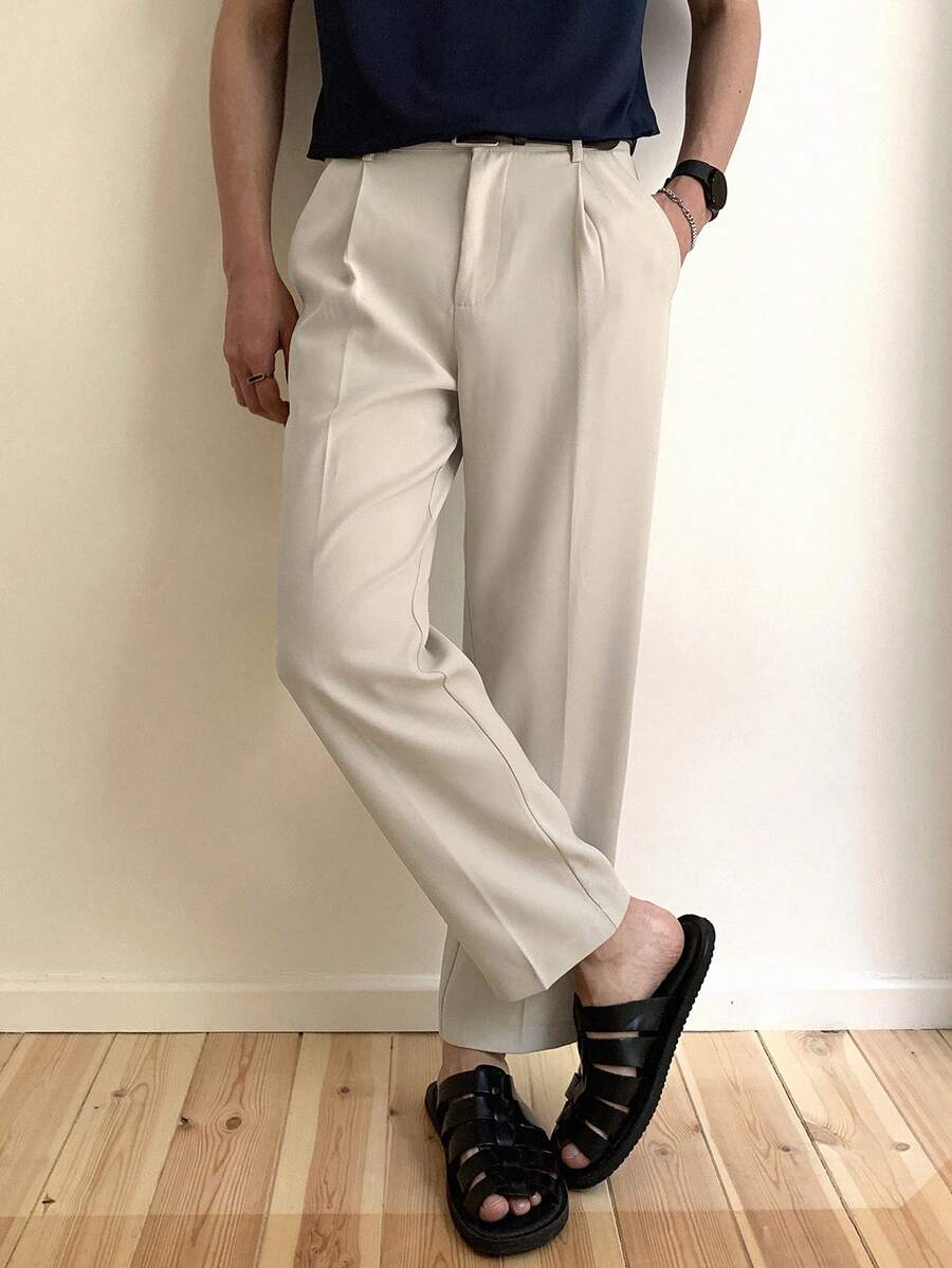 DAZY 男士简约纯色日常西装裤 - 米色 - 查看 1