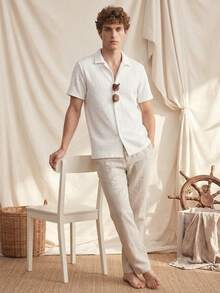 Manfinity CityGents Men's Casual Solid Color Short Sleeve Shirt, Summer Vacation White - White - View 3