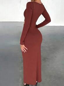 INAWLY Solva Women's Long Sleeve Hollow Out Design Slit Dress Party Night Rust Brown Autumn - Red - View 2