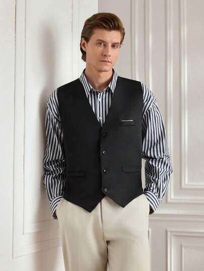 Officeau 4 扣男士西装背心韩版修身休闲马甲，轻便伴娘修身背心