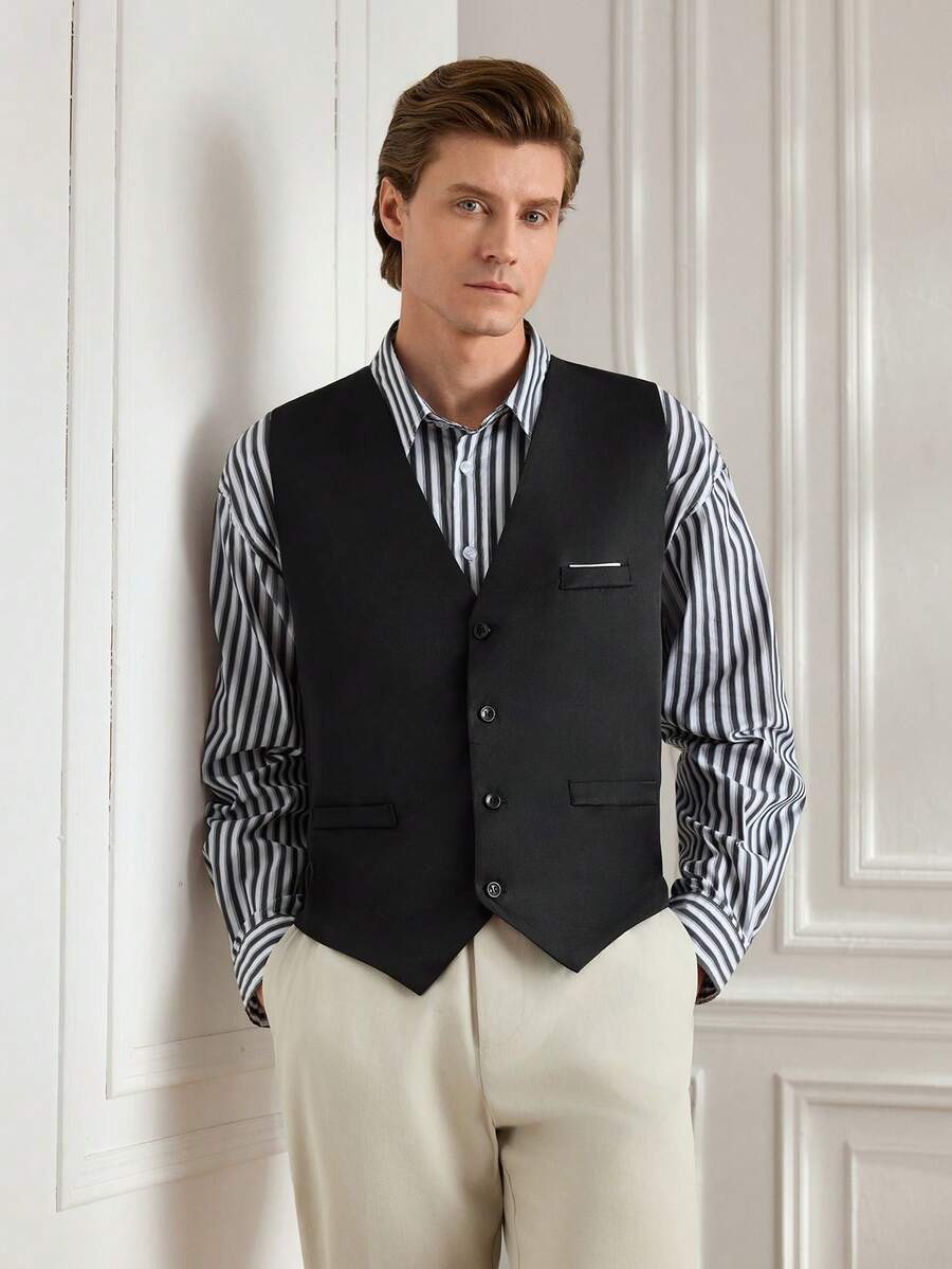 Officeau 4 扣男士西装背心韩版修身休闲马甲，轻便伴娘修身背心 - 黑色 - 查看 1