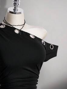 SHEIN ICON Đầm nữ cỡ lớn vai lệch, đính đá kim loại. - màu đen - Xem 8
