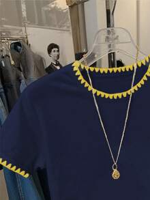 Resyla Áo thun nữ kiểu dáng thường ngày, viền tương phản, thêu họa tiết, thích hợp cho mùa hè. - Màu xanh hải quân - Xem 5