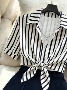 Franclia 女士休闲条纹衬衫套装 - 藏蓝色 - 查看 3