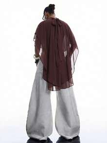 LYSMO 2026新款极简主义棕色丝带不对称下摆Y2K 2000年代风格休闲上衣，春夏款 - 棕色 - 查看 2