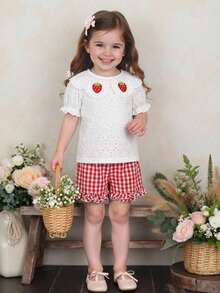 SHEIN Vintaside Kids Baby Girl Summer Casual Countryside Vacation Style Strawberry Applique Ruffle Collar Puff Sleeve Schiffy Top And Gingham Print Frill Hem Shorts Set - Multicolor - View 5