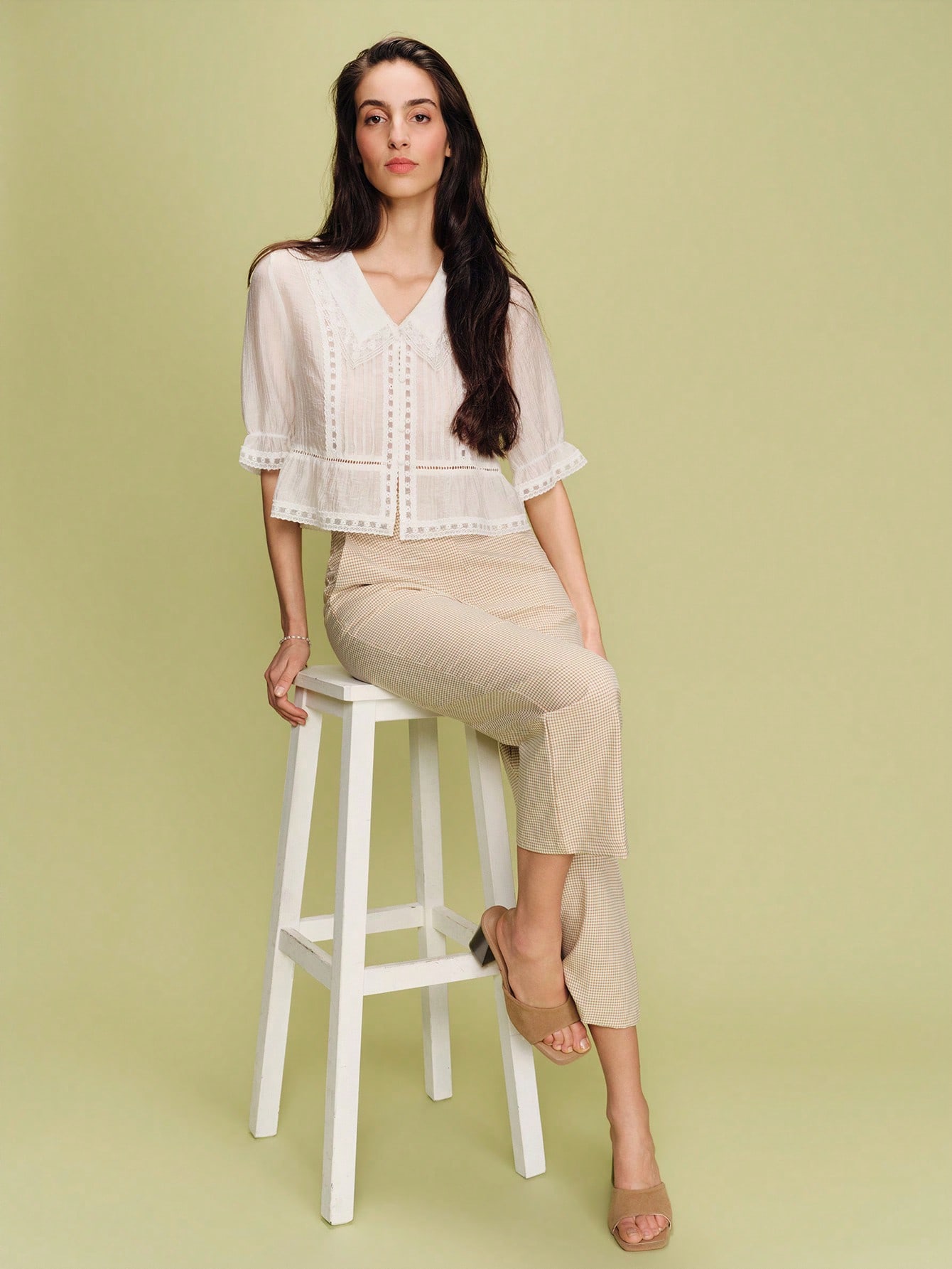 High-Waisted Cropped Straight Leg Checked Trousers Spring Summer Vintage Style Business Casual French Style Parisian Style Plaid Pants