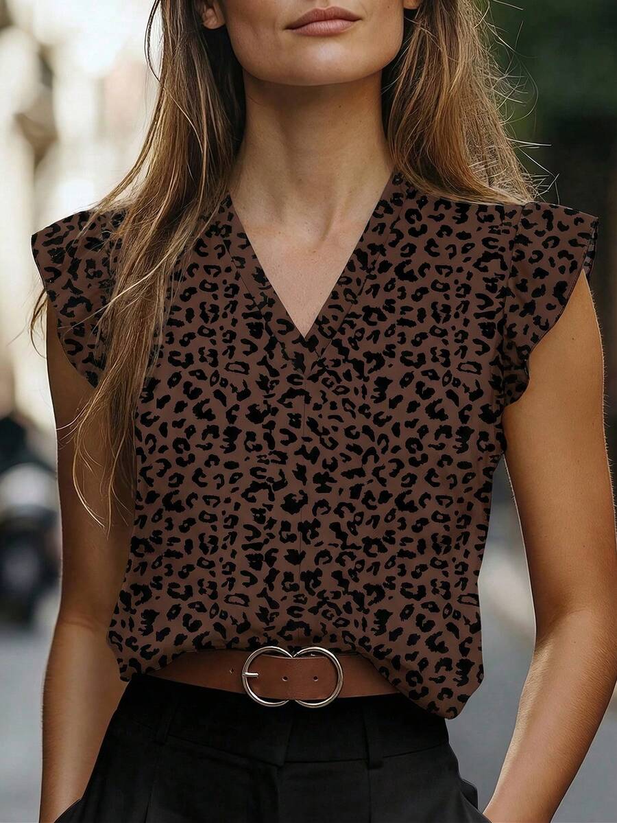 SHEIN LUNE Women's New Arrival Spring/Summer Leopard Print Pattern Casual Versatile Short Sleeve Shirt - Multicolor - View 1
