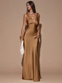 SHEIN BAE 性感简约纯色奶油黄深V领无袖露背系带鱼尾长裙，适合派对、鸡尾酒会、正式场合、伴娘、生日、圣诞节、商务休闲等场合。 - 棕色 - 查看 5
