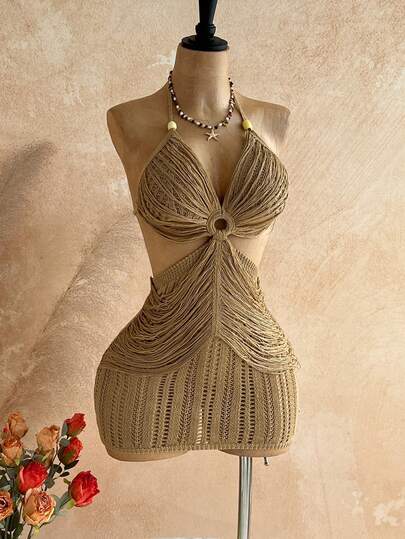 Soleia Women's Backless Halter Mini Knit Vacation Beach Dress Summer  Party Dress Elegant Holiday Fringe Brown Dress