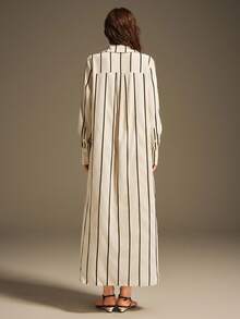 Ontre 2026春夏女装，派对、度假、度假连衣裙、春夏服装、四季服装、春夏服装、返校季女装、返校套装、女教师套装、外出套装、夜间外出套装、婚礼宾客礼服、优雅婚礼宾客礼服、教堂、女士教堂着装、商务休闲、女士商务休闲条纹长袖单排扣休闲衬衫、长裙 - 彩色 - 查看 6