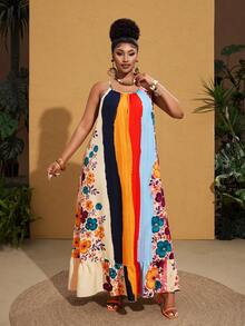 Maweii Plus Size Floral Print Spaghetti Strap Dress, Suitable For Beach Vacation, Spring/Summer - Multicolor - View 4
