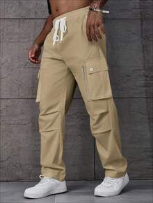 Manfinity Roughcore Plus Size Solid Color Loose Casual Cargo Pants With Pockets - Khaki - View 3