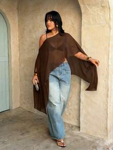 Rustia Plus Size Brown Plain Asymmetrical Hem Semi-Sheer Cloak Sleeve Regular Length Blouse - Brown - View 5