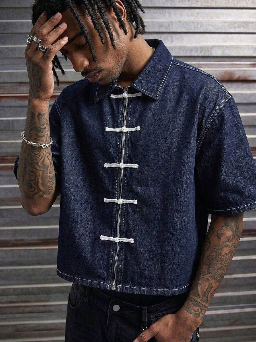 AXEPEAK 男士蓝色短袖衬衫，中国风宽松短外套 - 藏蓝色 - 查看 1