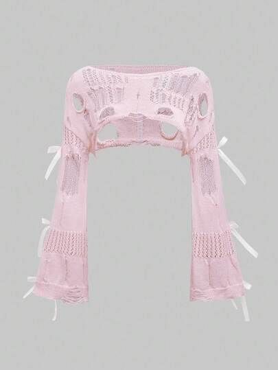 ROMWE Kawaii 可爱柔软超大镂空蝴蝶结不对称领口女式毛衣