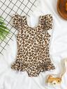 SHEIN Baby Girls Cute Leopard Print Ruffled Sleeve One-Piece Swimsuit, Leopard Print Ruffled One-Piece Swimsuit, Flutter Sleeve Skin-Friendly Quick-Drying Swimwear For Babies To Wear At Seaside Beach Swimming Pool