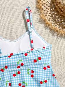 SHEIN 少女格子樱桃印花吊带泳衣，可爱度假风，细肩带无袖设计，胸部有衬里，适合游泳、冲浪、度假、新年、春假、海滩等场合。 - 藍色 - 查看 5