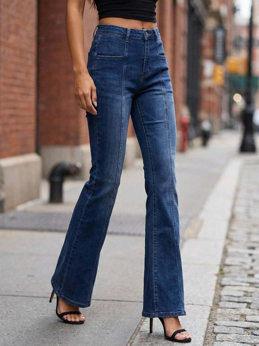 DAZY Women's Casual Fashion Seam Front Washed Slim Flare Leg Jeans - Blue - View 1