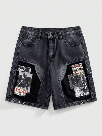 ROMWE MEN Quần short denim nam phong cách thường ngày, họa tiết đường phố, thích hợp cho mùa hè.