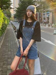 DAZY Quần yếm denim nữ kiểu dáng thường ngày có túi và cúc cài. - Màu xanh lam - Xem 6