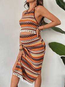 SHEIN Conjunto de 2 piezas de top halter sin espalda con dobladillo de flecos de colores y falda midi de maternidad - Multicolor - Ver 6