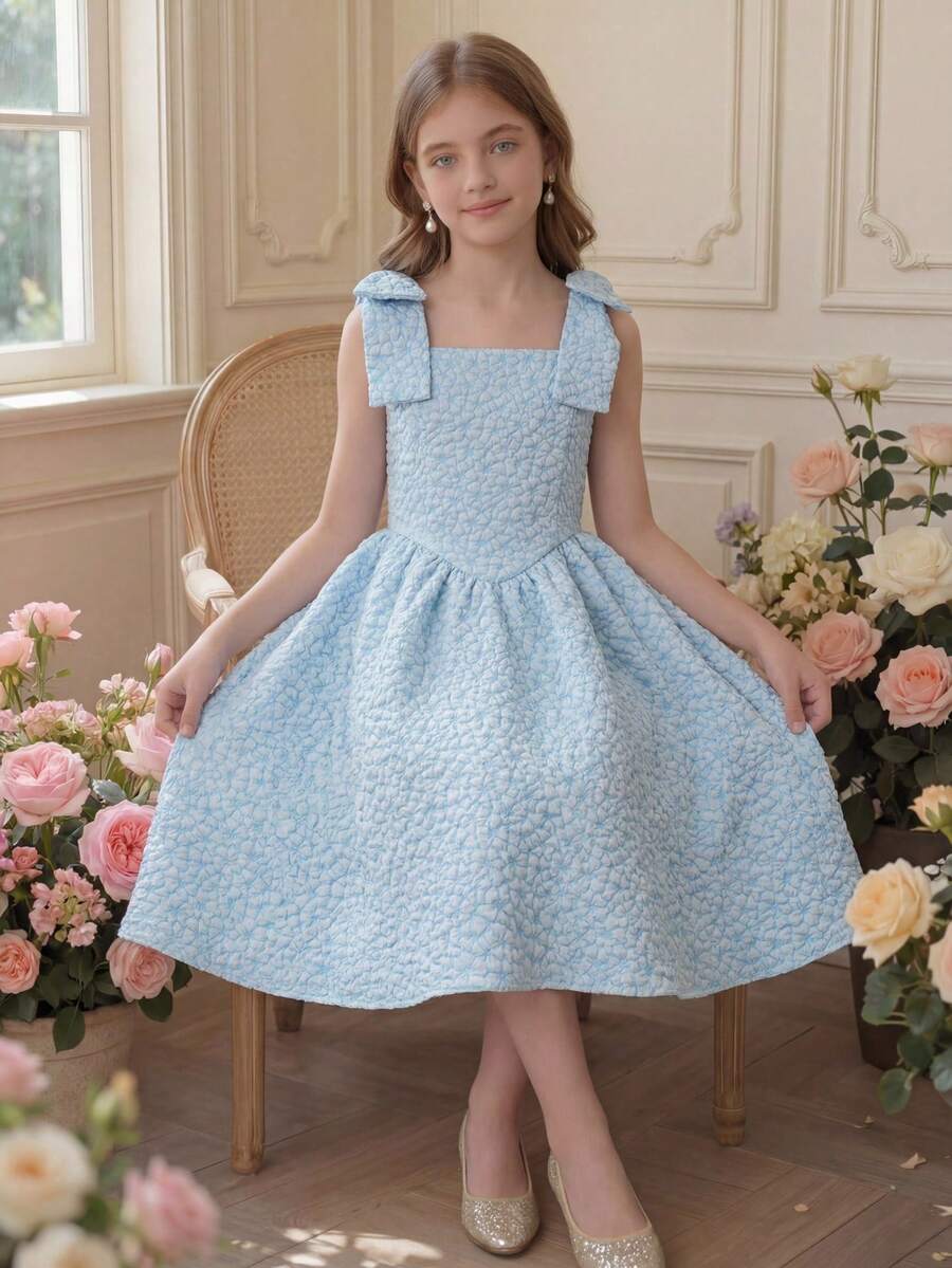 Pitira Mädchen Jacquard Blumen-Ärmelloses Kleid mit abnehmbarer Schleife, geeignet für Blumenmädchen, Hochzeitssaison, Valentinstag, Party, Geburtstag, Chinesisches Neujahrsfest und andere Anlässe - Blau - Übersicht 1